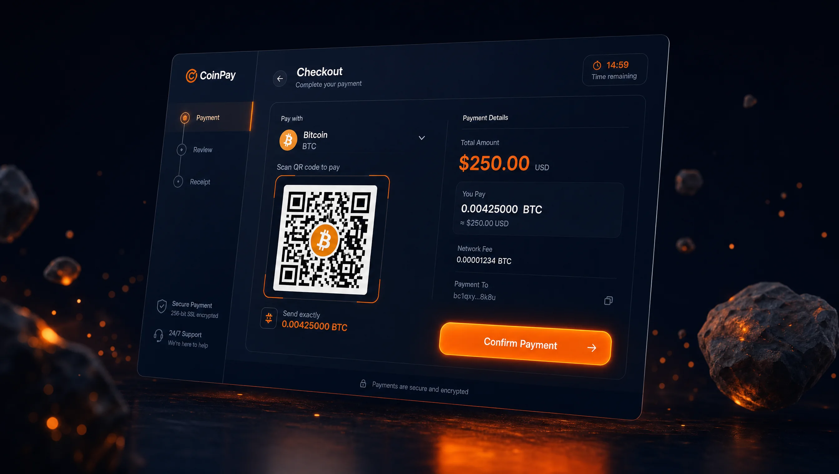 비트코인 QR 코드와 결제 금액이 표시된 암호화폐 체크아웃 결제 화면